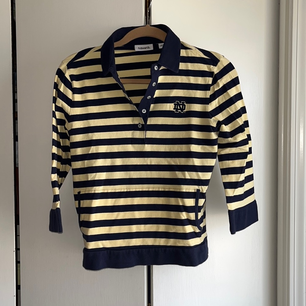 Ashworth Notre Dame collegiate striped cotton and spandex 3/4 sleeve polo
